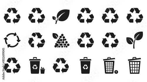 A comprehensive set of black ecology and recycling icons, featuring recycle symbols, trash bins, and green leaf elements.