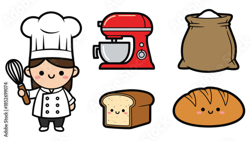 Set of adorable kawaii baker and baking icons, including a female chef character, a stand mixer, a sack of flour, and cute loaves of bread.