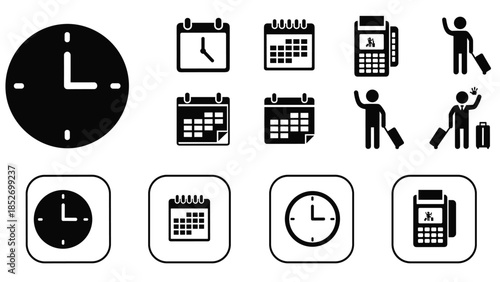 A set of black solid and line icons for time management, scheduling, and travel, including clocks, calendars, and payment terminals.