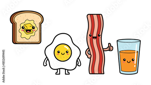 Adorable set of kawaii classic breakfast food characters, including a smiling piece of toast with butter, a fried egg, bacon, and a glass of orange juice.