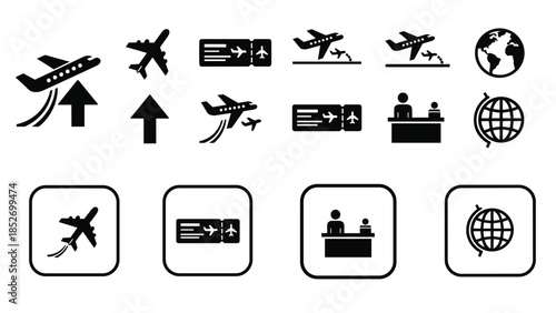 A collection of black icons for air travel and airport services, including airplane departure, boarding pass, and check-in desk.