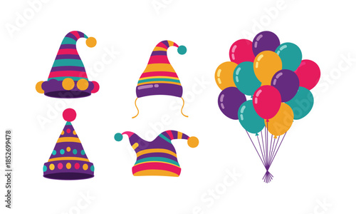 Set of party hats and balloon bundles for carnival decoration theme