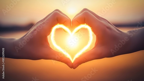 Hands forming a heart shape around a glowing light