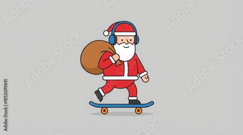Santa Claus Skateboarding with Gift Bag Holiday Illustration