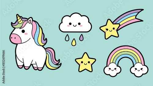 A magical collection of cute kawaii icons, featuring a rainbow-maned unicorn, a raining cloud, a shooting star, and a happy rainbow character.