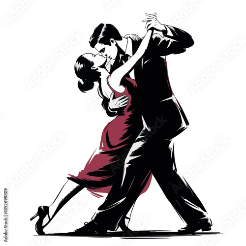 Create Couple in Passionate Dance Graphic Isolated on White Background, Ink Painting in Black and Red