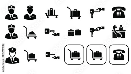 A set of black and white hotel service icons, including a bellboy, luggage cart, room key, and front desk telephone service.