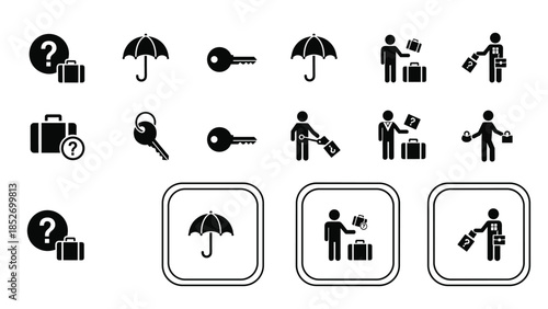 Collection of black travel and luggage service icons, including lost and found, baggage claim, keys, and umbrella symbols.