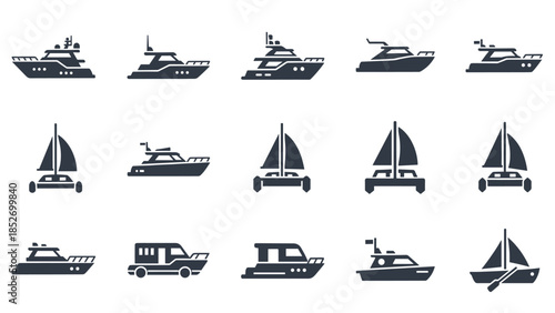 A diverse collection of black silhouette icons for various types of yachts, sailboats, and motorboats for luxury and leisure travel.