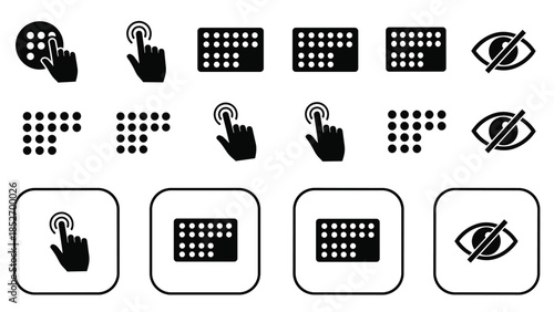 A set of accessibility icons for visually impaired individuals, including symbols for braille, tactile paving, and low vision.