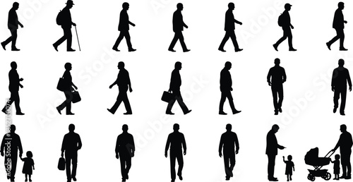 Set of male people silhouettes walking standing and carrying bags in various everyday poses isolated on white background for lifestyle design