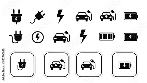 Set of black icons representing electric vehicle charging, including EV cars, plugs, batteries, and lightning bolt symbols.