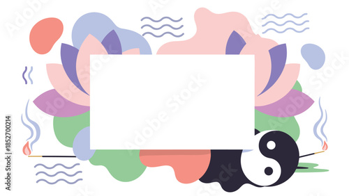 A serene meditation and wellness background with a blank rectangular frame, surrounded by a lotus flower and yin yang symbol. This calm design is perfect for yoga, spa, or spiritual themes.