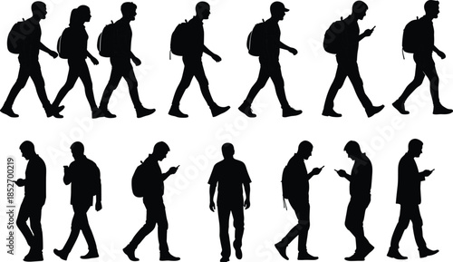 Set of male walking people silhouettes with backpacks and mobile phone poses isolated on white background for urban lifestyle design