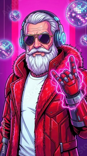 Cool Santa Claus with Headphones and Sunglasses Partying