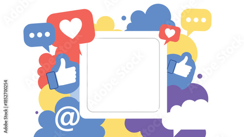 A vibrant social media frame with a blank square for a profile picture or post, surrounded by colorful like and comment icons. This modern design is perfect for digital marketing content.