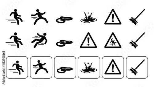 Comprehensive set of black icons illustrating slip and fall hazards, wet floors, and cleaning tools for public safety warnings.