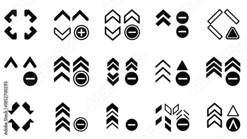 A collection of abstract black icons featuring chevrons, arrows, and geometric shapes with plus and minus symbols for UI design.