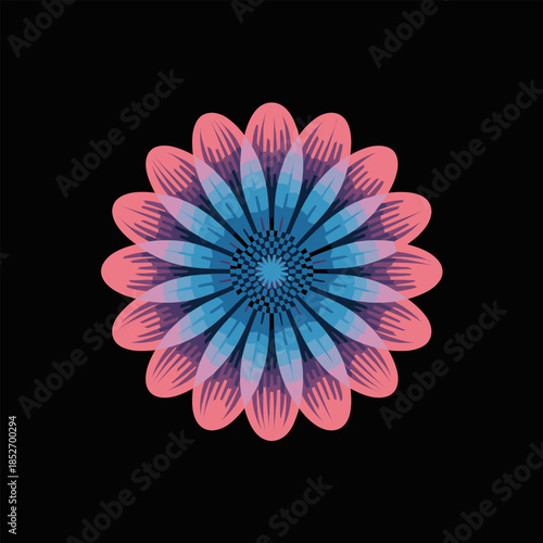 Symmetrical geometric flower mandala illustration with translucent blue and pink gradient petals, isolated on a black background