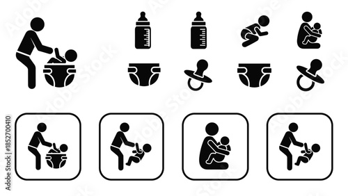 A set of black icons for baby care and nursery needs, including changing tables, diapers, bottles, pacifiers, and parents.