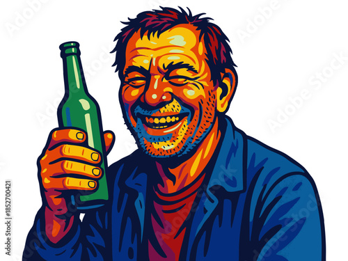 hardened alcoholic with visible signs of alcohol abuse smiling while holding a alcohol bottle in hand. Generative ai vector colorful pop art illustration.