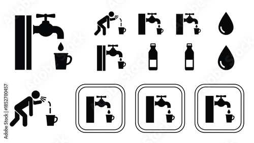 A collection of black icons related to drinking water, including faucets, water drops, cups, bottles, and drinking figures.
