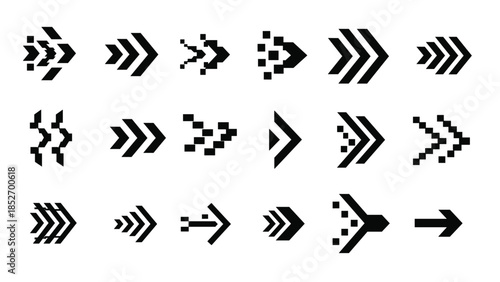 A diverse set of black abstract arrow icons with various geometric and pixelated designs, pointing to the right direction.