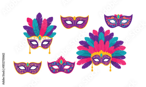 Set of venetian carnival masks with feathers bundle