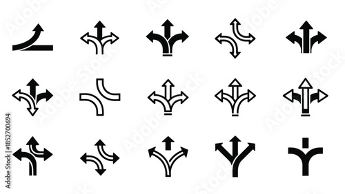 A versatile set of black icons showing multi-directional arrows, representing choices, options, and diverging paths or forks.