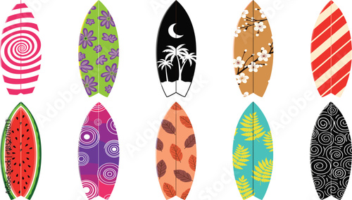Large Set of Surfboards with Creative Patterns Including Watermelon, Flowers and Tropical Designs.