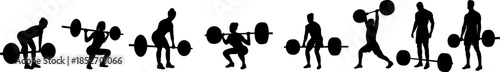 Silhouette of people with barbell training, vector set