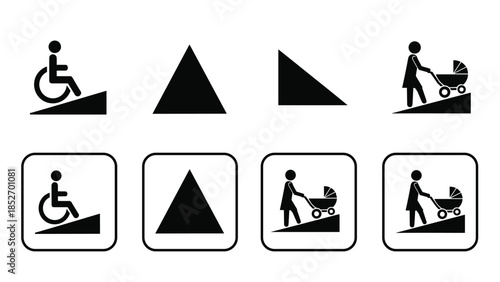 A set of accessibility icons for ramps, including symbols for wheelchair access and stroller-friendly inclines in public spaces.