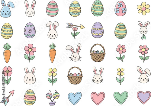 A pattern of handdrawn Easterthemed icons including bunnies decorated eggs carrots flowers and hearts