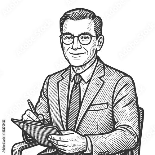 male psychologist wearing glasses, smiling, and holding clipboard sketch engraving generative ai fictional character vector illustration. Scratch board. Black and white.