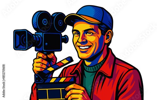 happy male movie director holding a clapperboard next to a vintage film camera on set. Generative ai vector colorful pop art illustration.