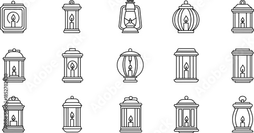 Collection of Lantern Outlines with Burning Candles Vector Icons