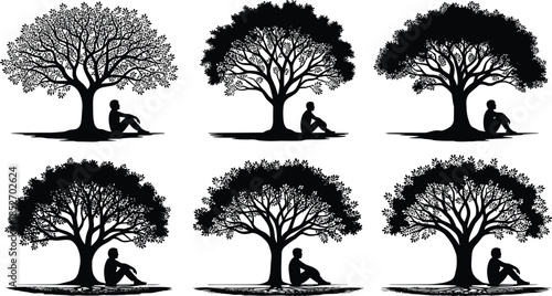 Silhouette illustrations of person sitting under tree depicting solitude meditation and peaceful nature scenes isolated on white background