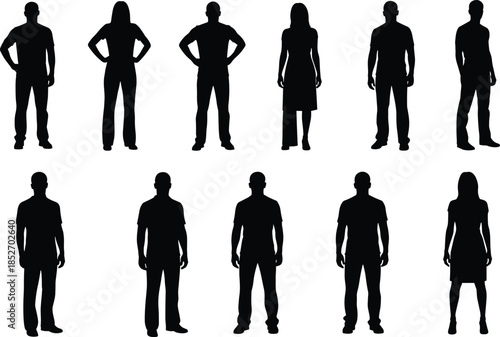 Standing men and women silhouettes vector set isolated on white background for human figure design reference usage projects