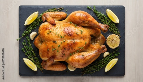 Delicious Golden Roasted Chicken with Fresh Herbs and Lemon on Slate, Top-Down Flatlay