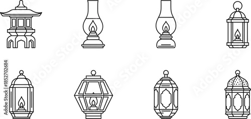 Set of Various Traditional Lantern and Lamp Outline Icons