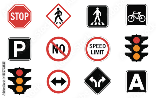 Set of vector traffic and road signs including warning, prohibition, and regulatory symbols, isolated on white background, perfect for navigation guides, transportation planning, safety graphics
