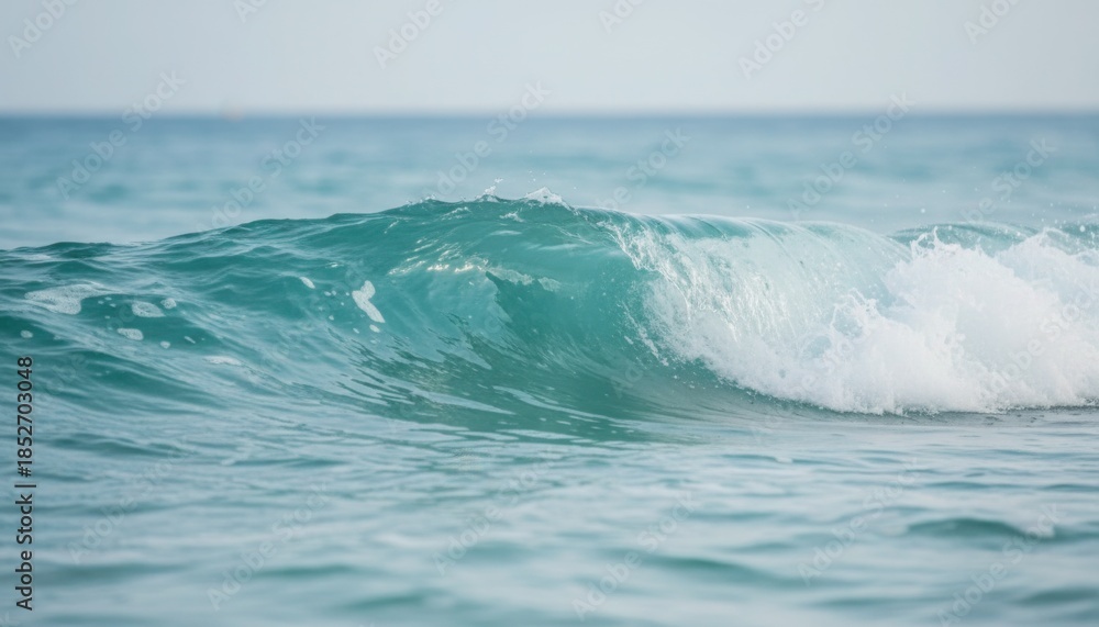 Fototapeta premium Close up view of a turquoise ocean wave curling and breaking into white foam under a clear sky during a bright sunny day
