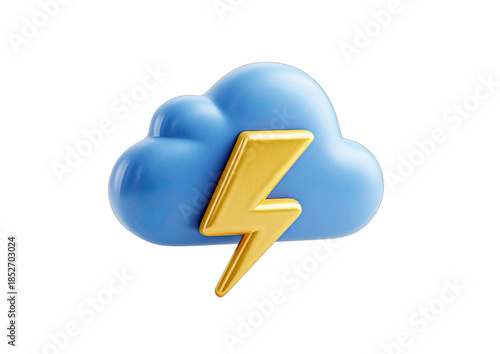 A 3D rendered blue storm cloud with a golden lightning bolt