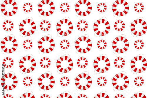 A festive, seamless pattern of classic red and white lifebuoys on a clean white background, perfect for summer, beach, or nautical-themed designs.