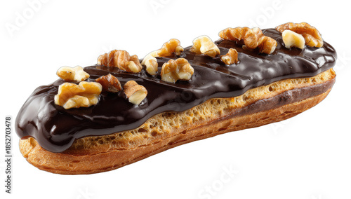 Rich chocolate-covered pastry filled with cream and topped with nuts