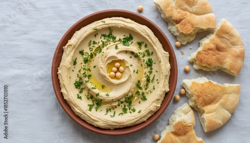 Creamy Hummus and Pita Bread Flat Lay, Healthy Mediterranean Appetizer