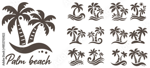 Summer beach island with palm trees in the ocean. Vector emblem of travel, holiday, resort. Vector Logo collection.