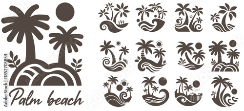 Summer beach island with palm trees in the ocean. Vector emblem of travel, holiday, resort. Vector Logo collection.
