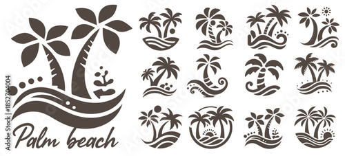 Summer beach island with palm trees in the ocean. Vector emblem of travel, holiday, resort. Vector Logo collection.
