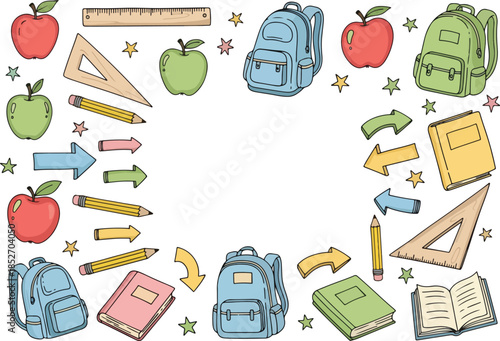A white background border frame filled with colorful school supplies like apples backpacks rulers pencils and books